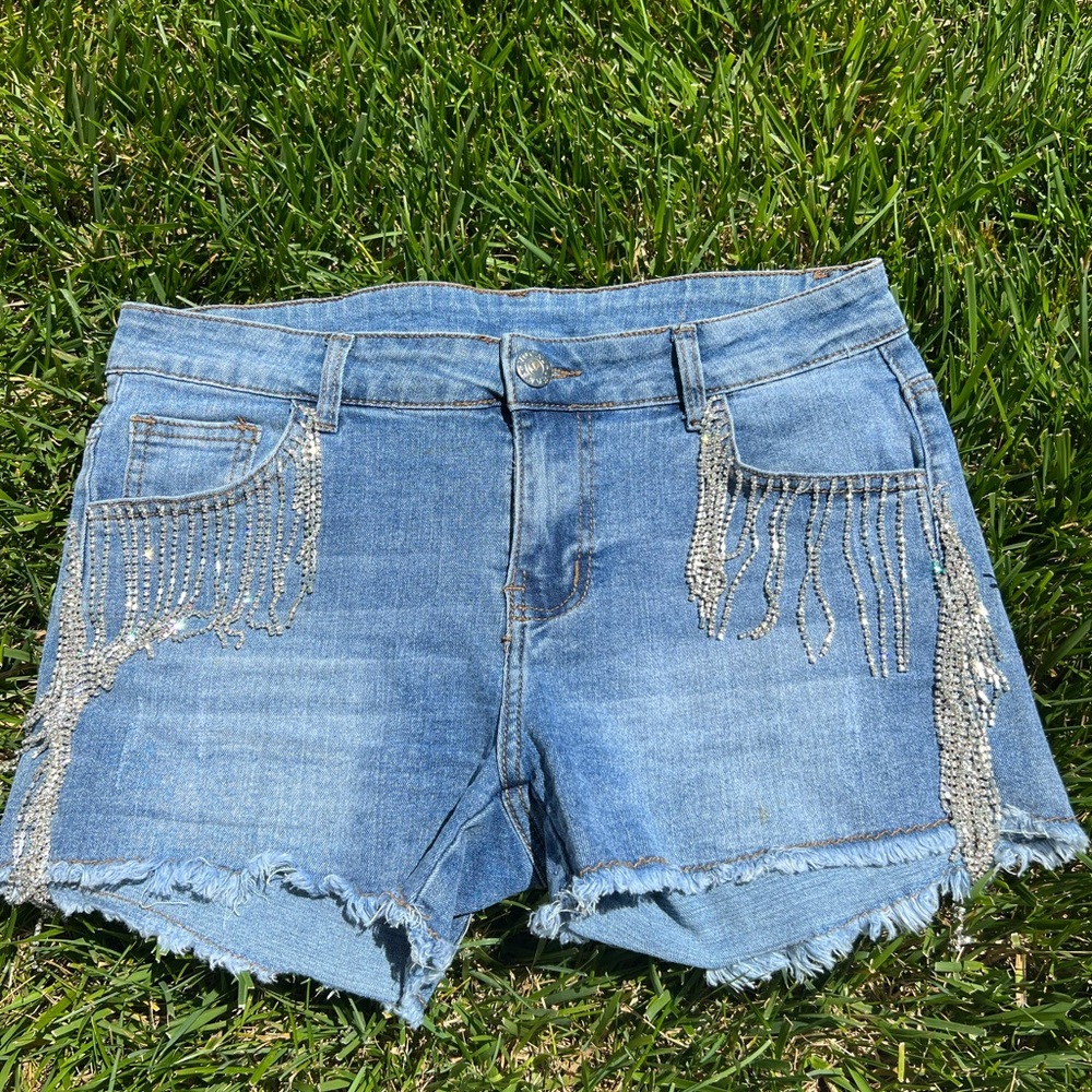 VOCAL Distressed Denim Shorts with Rhinestone Fringe Detailing